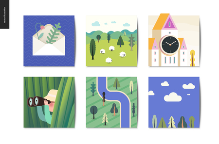 Simple things - cards - flat cartoon vector illustration of envelope, herbarium, sheep, field, tower clock, hunter, grass, binocular, top view forest river map, sky view - summer postcards compositionのイラスト素材