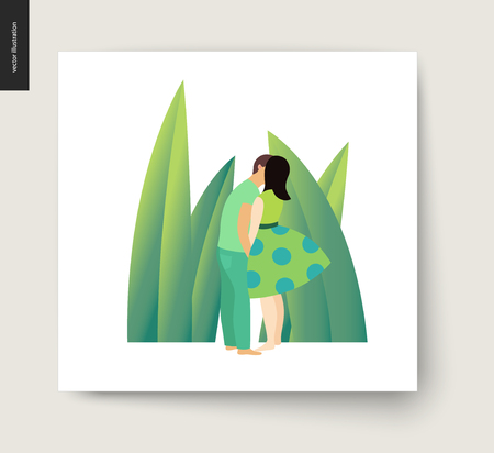 Kissing scene - flat cartoon vector illustration of young couple, boyfriend and girlfriend, kissing on beach, romantic scene with green leaves, grass on the background - postcardのイラスト素材