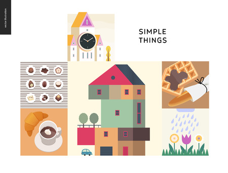 Simple things - color set - flat cartoon vector illustration of clock tower, chocolate sweets and candies, croissant and coffee, countryside house, loaf, waffles, blooming flowers - colour compositionのイラスト素材