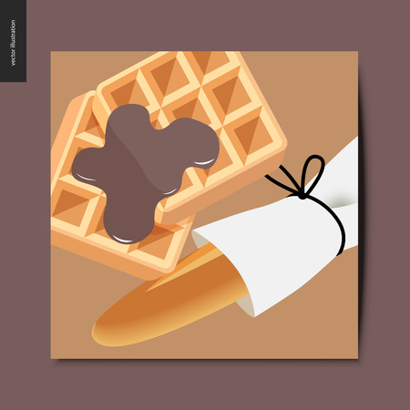 Simple things - baked goods - flat cartoon vector illustration of a wrapped french long loaf and backed belgian waffles topped with chocolate dressing, summer postcardのイラスト素材
