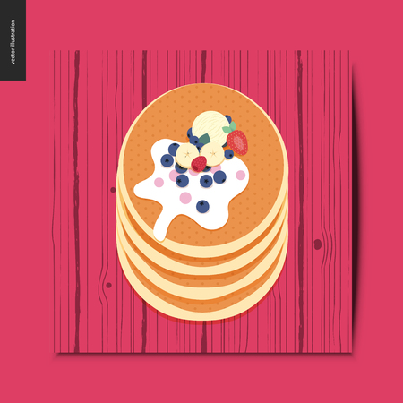 Simple things - stack of pancakes with berries, toppings and cream, on the wooden desk, postcard, vector illustrationのイラスト素材