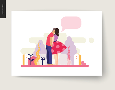 Kissing scene - flat cartoon vector illustration of young couple, boyfriend and girlfriend, kissing, romantic scene with trees, plants, leaves and houses on background, message bubble - compositionのイラスト素材