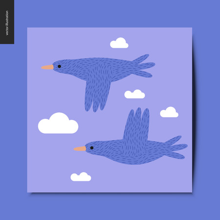 Simple things - two flying blue birds in the blue sky with clouds, summer postcard, vector illustrationのイラスト素材