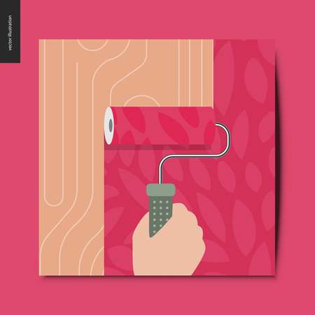 Simple things - a hand holding the painting roller and painting the wooden wall with the red paint with leaf design, postcard, vector illustrationのイラスト素材