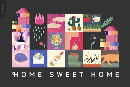 Simple things - home - flat cartoon vector illustration of countryside house, black lamp, sleeping cat, herbarium, wine, bouquet, hands, cactus, roller, bicycle, tulip, gardening -house black postcardのイラスト素材