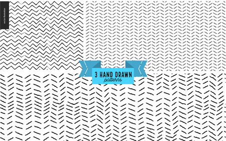 Set, hand drawn black, white geometric pattern. Vector seamless pattern Abstract background, strokes. Monochrome texture Hipster graphic design. Endless vector backgrounds, simple textures, stripesの写真素材