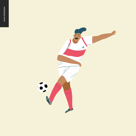 European football, soccer player - flat vector illustration of a young man wearing european football player equipment kicking a soccer ballのイラスト素材