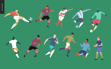 European football, soccer players set - flat vector illustration of a young men wearing european football player equipment kicking a soccer ball, running or standing on the green football fieldのイラスト素材