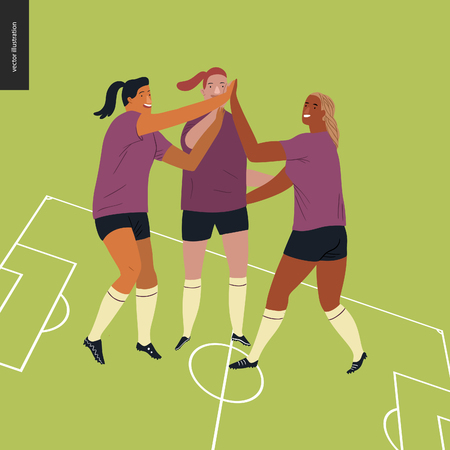 Womens European football, soccer players - flat vector illustration of three female team players wearing european football equipment, celebrating victory on the green football field with markingのイラスト素材