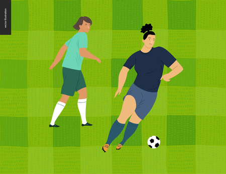 Womens European football, soccer player - flat vector illustration - two young weman wearing european football player equipment kicking soccer ball on background of green grass checked football fieldのイラスト素材