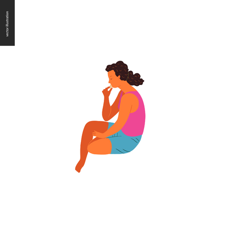 People park festival picnic - flat vector concept illustration of a young brunette curly-headed woman wearing tank top and shorts, sitting on the ground and eating somethingのイラスト素材