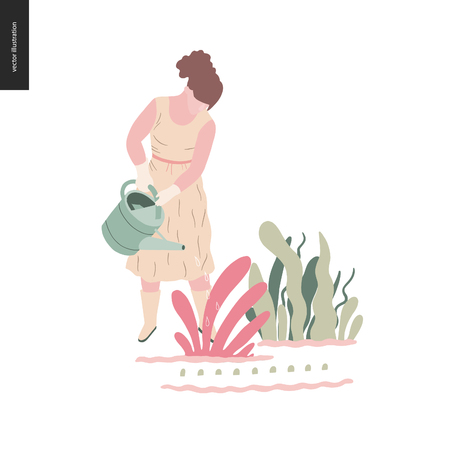 People summer gardening - flat vector concept illustration of a young woman wearing long dress, mitts and boots, watering a plant, self-sufficiency conceptのイラスト素材