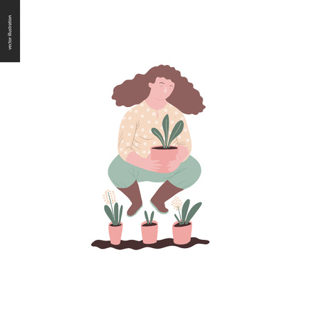 People summer gardening - flat vector concept illustration of a young brown-haired woman wearing yellow blouse, trousers and boots, holding a plant in the pot, self-sufficiency conceptのイラスト素材