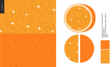 Food patterns, summer - fruit, orange texture, half of orange image on the side -two seamless...