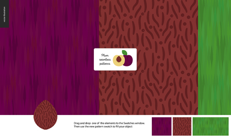 Food patterns, summer - fruit, plum texture, half of plum image in center - three seamless patterns of plum dark purple firm rind, brown seed with grainy smooth texture and green leaf pattern - fruitのイラスト素材