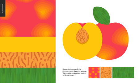 Food patterns, summer - fruit, peach texture, half of peach image on side - four seamless patterns of peach sweet firm yellow pulp, yellow orange smooth rind, seed of grainy smooth texture, green leafのイラスト素材