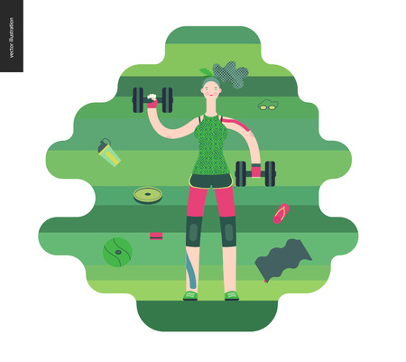 Gym - a girl llifting weights in the gym - flat vector concept illustration of a woman wearing green tank top, pink leggings on a green background. Healthy concept - weights, barbell, ball, gymnasium.のイラスト素材