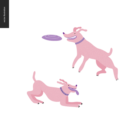 Dog in the park - flat vector concept illustration of two dogs with collars. One is jumping in the air trying to catch a flying disc. Another is playing with his tongue out.の写真素材