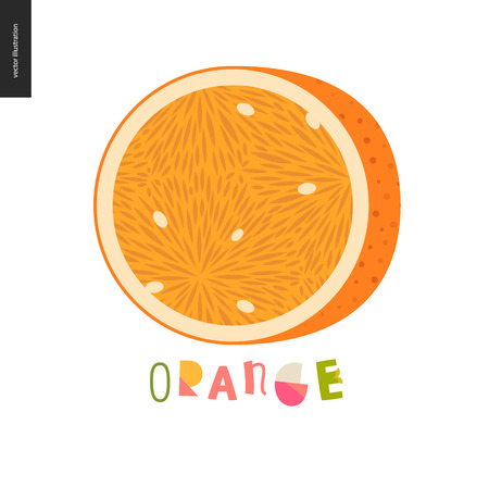 Food patterns - fruit, vector flat illustration of orange -simple half of an orange fruit full of juicy orange pulp and white seeds, and lettering. Perfect for t-shirt, bag or other textile decorationの写真素材