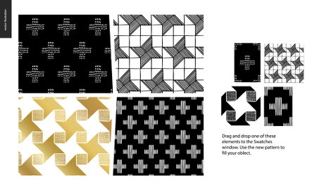 Hand drawn Patterns - a group set of four abstract seamless patterns - black, gold and white....