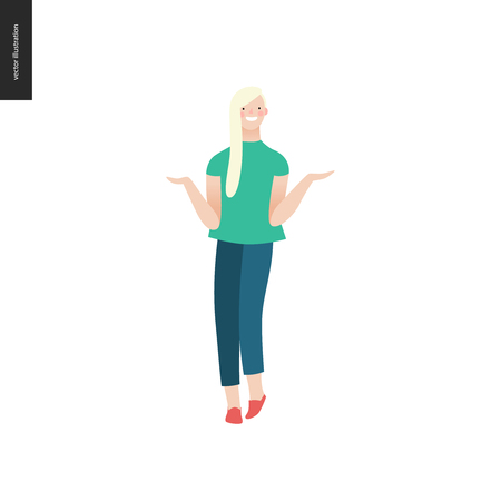 Bright people portraits - young woman, hand drawn flat style vector doodle design illustration of a smiling blonde girl standing writhing her hands, concept illustrationのイラスト素材