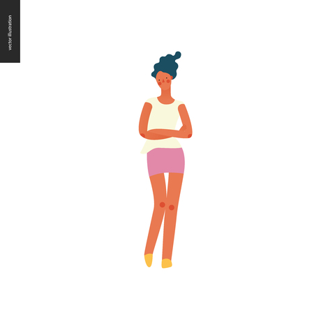 Bright people portraits - young woman, hand drawn flat style vector doodle design illustration of a serious sunburnt girl standing with her arms crossed, concept illustrationのイラスト素材