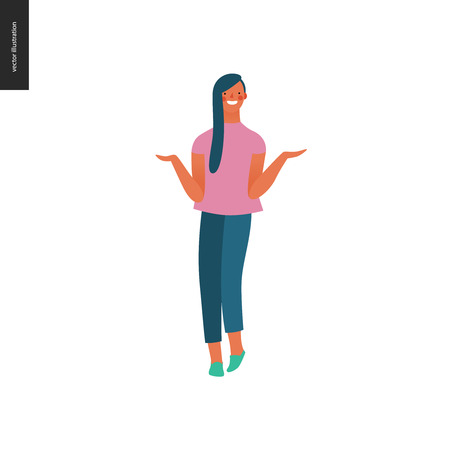 Bright people portraits - young woman, hand drawn flat style vector doodle design illustration of a smiling sunburnt girl standing writhing her hands, concept illustrationのイラスト素材