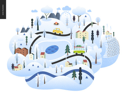 Magical winter landscape - snowed up island with hills, roads, cars, houses and snow-covered trees, with mountains and snow clouds above.のイラスト素材