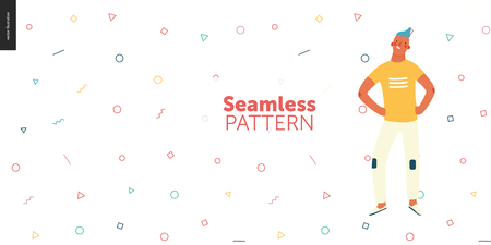 Bright people portraits - simple geometry seamless pattern and hand drawn flat style vector doodle design illustration of a young man standing with his arms akimbo, concept illustrationのイラスト素材