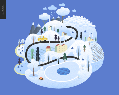 Magical winter landscape - snowed up island with hills, roads, cars, houses and snow-covered trees, with mountains and snow clouds above.のイラスト素材