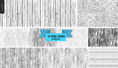Set, hand drawn black, white geometric pattern. Vector seamless pattern Abstract background, strokes. Monochrome texture Hipster graphic design. Endless vector backgrounds, simple textures, stripesのイラスト素材