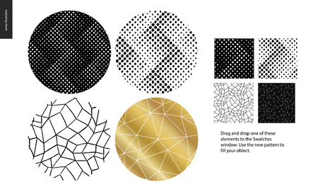Hand drawn Patterns - a group set of four abstract seamless patterns - black, gold and white. Circle rounded pieces with geometrical lines, dots and shapes - piecesのイラスト素材