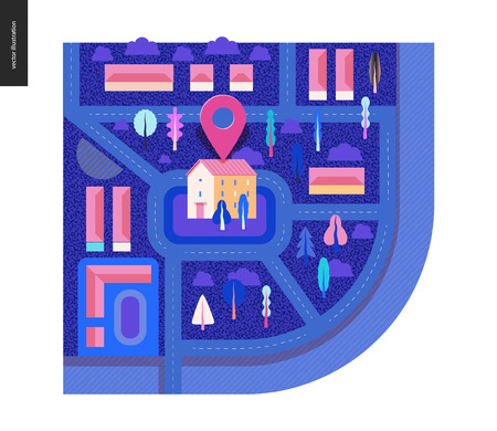 Business series, color 2 - map - modern flat vector illustration, creative concept of location. Flat map with a marked building, streets, river, crossroads and treesのイラスト素材