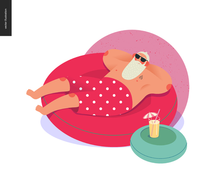 Sporting Santa - winter hot pool relaxing - modern flat vector concept illustration of cheerful Santa Claus laying down on the red rubber ring, wearing red polka dot boxer shorts, outdoor activityのイラスト素材