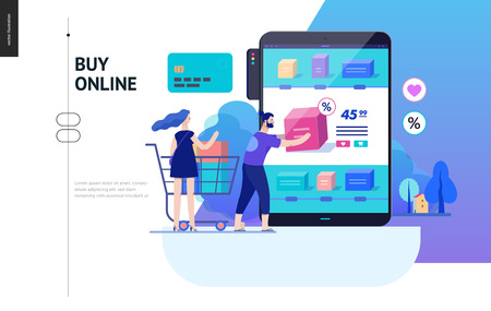 Business series, color 2 - buy online shop - modern flat vector illustration concept of man and woman shopping online Website interaction and purchasing process. Creative landing page design templateのイラスト素材