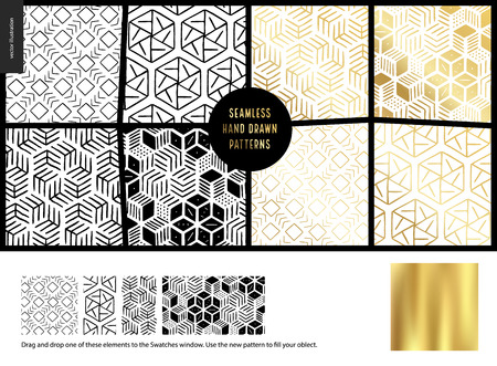 Hand drawn Patterns - a group set of eight abstract seamless patterns - black, gold and white. Geometrical lines and shapes - whiteのイラスト素材