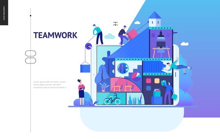 Business series, color 2 -company, teamwork, collaboration -modern flat vector illustration concept of people constructing a company Business workflow management. Creative landing page design templateの写真素材