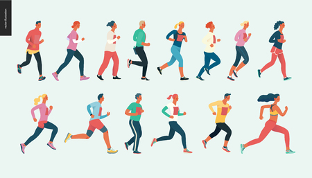 Marathon race group - flat modern vector concept illustration of running men and women wearing winter sportswer. Marathon race, 5k run, sprint. Creative landing page design template, web bannerのイラスト素材
