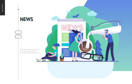 Business series, color 3 -news or articles -modern flat vector illustration concept of people preparing coffee with milk and woman reading news on phone, glasses. Creative landing page design templateのイラスト素材