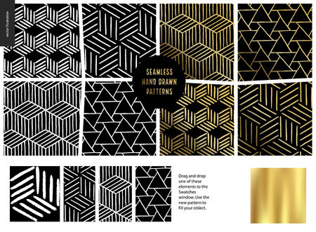 Hand drawn Patterns - a group set of eight abstract seamless patterns - black, gold and white. Geometrical drawings with lines. - blackのイラスト素材