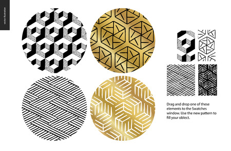 Hand drawn Patterns - a group set of four abstract seamless patterns - black, gold and white. Circle rounded pieces with geometrical lines, dots and shapes - piecesのイラスト素材