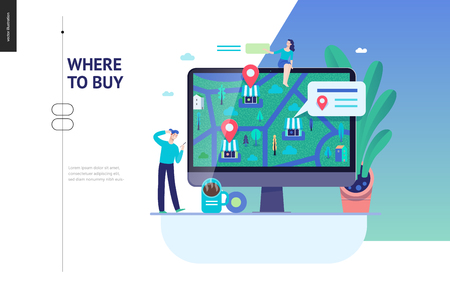 Business series, color 3 - where to buy - modern flat vector concept illustration of map, marked shops, computer screen Selling interaction and purchasing process Creative landing page design templateのイラスト素材