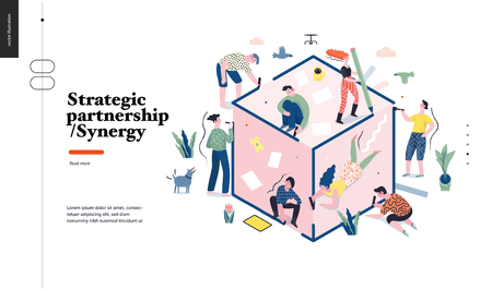 Technology 1 -Strategic Partership - Synergy flat vector concept digital illustration partnership and synergy metaphor. Business workflow and team management Creative landing web page design templateのイラスト素材