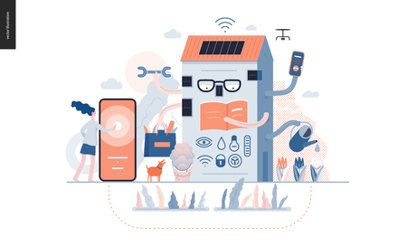 Technology 3-Intelligent building, modern flat vector concept digital illustration Smart house and management metaphor -woman and building resolving problems. Creative landing web page design templateのイラスト素材