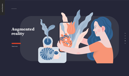Technology 3 -Augmented reality, modern flat vector concept digital illustration -augmented reality metaphor -woman with tablet. Creative landing web page design templateのイラスト素材