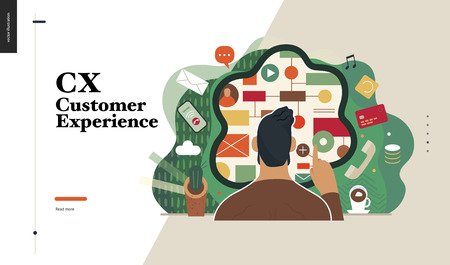 Technology 2-CX customer experience - modern flat vector concept digital illustration of user or customer experience, a user in front of interface. Creative landing web page design templateのイラスト素材