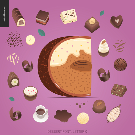 Dessert font - letter C - modern flat vector concept digital illustration of temptation font, sweet lettering. Caramel, toffee, biscuit, waffle, cookie, cream and chocolate lettersのイラスト素材