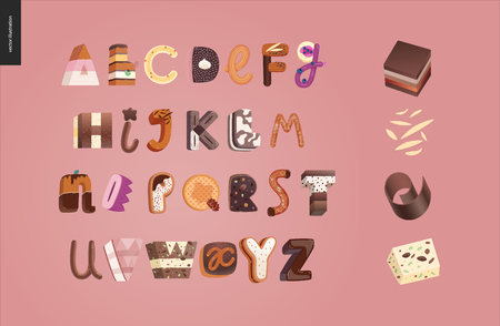 Dessert font - modern flat vector concept digital illustration of temptation font, sweet lettering. Caramel, toffee, biscuit, waffle, cookie, cream and chocolate lettersのイラスト素材