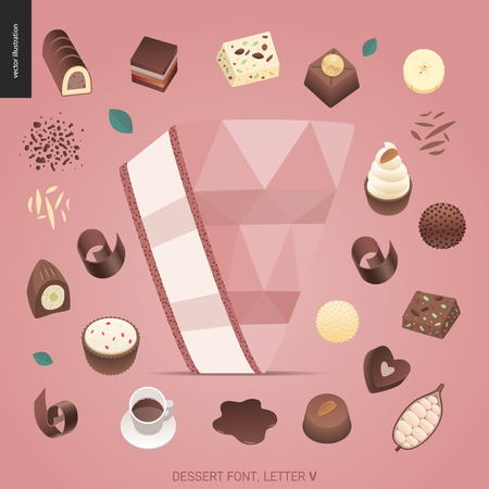 Dessert font - letter V - modern flat vector concept digital illustration of temptation font, sweet lettering. Caramel, toffee, biscuit, waffle, cookie, cream and chocolate lettersのイラスト素材