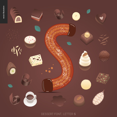 Dessert font - letter S - modern flat vector concept digital illustration of temptation font, sweet lettering. Caramel, toffee, biscuit, waffle, cookie, cream and chocolate lettersのイラスト素材